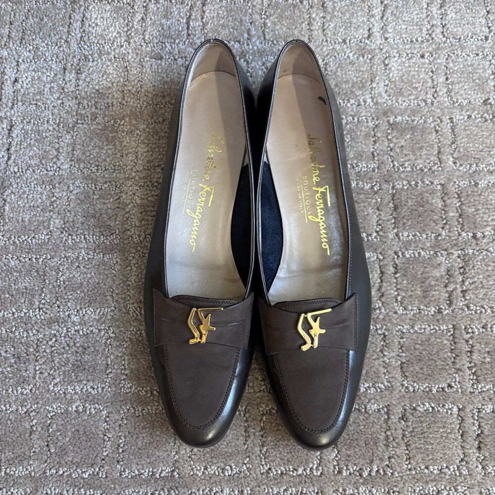 Salvatore Ferragamo Boutique Leather Loafer Flats Women's 6.5 Brown Gray Slip On